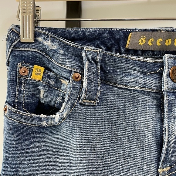 [27] Vintage Second Brand Low-Rise Flare Leg Distressed Ombre Blue Denim Jean - Picture 4 of 13